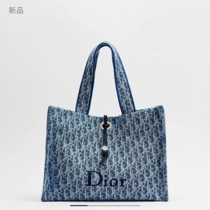 【DO】디올 리비에라 스펀지 이펙트 북 토트 백 미디엄 블루 오블리크 패브릭